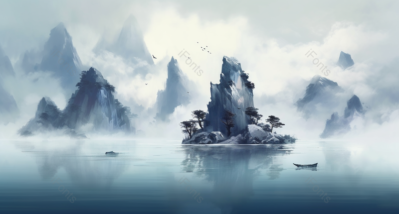 新中式蓝色水墨写实山水画,插画/手绘图,插画/手绘图库,插画/手绘图下载,插画/手绘